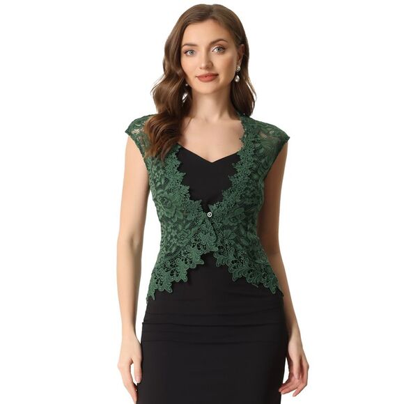 Floral Lace Shrug Wedding Guest Cap Sleeve Sheer Bolero Cardigan Dark Green - Picture 1 of 6